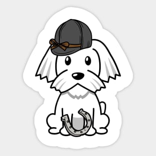 Funny white dog is ready to ride a horse Sticker